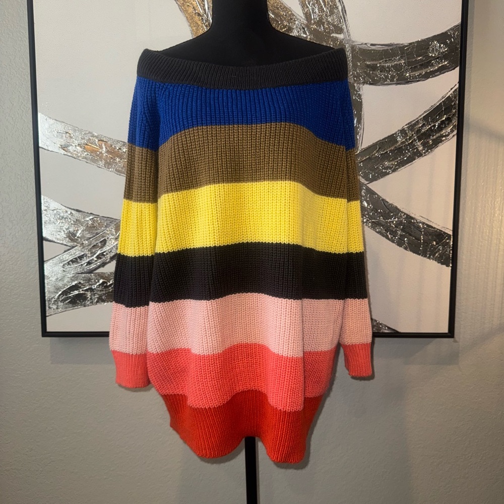 Striped Off-Shoulder Oversized Multicolor Knit Sweater